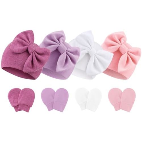Newborn Baby Hats and Mittens Set Infant Bow Beanie Cap Toddler Gloves Newborn Hospital Hats for Baby Boy Girl 0-6 Months
