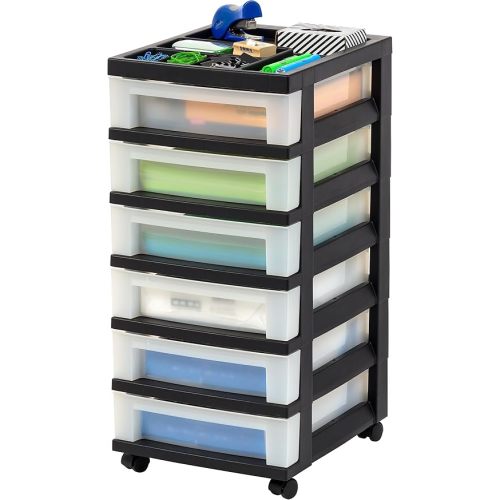 IRIS USA Craft Plastic Organizers and Storage, Rolling Storage Cart for Classroom Supplies, Storage Organizer for Art Supplies, Drawer Top Organizer for Small Parts, 6 Drawer, Black/Pearl