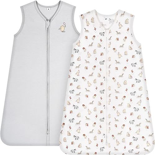 TILLYOU Sleep Sack 6-12 Months - 0.5 TOG Summer Sleep Sacks with 2-Way Zipper, Lightweight Cotton Baby Sleepsack 2 Pack, Bear Forest & Grey
