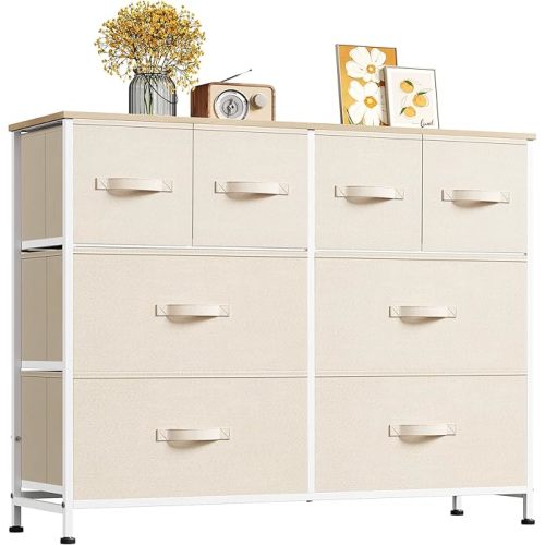 WLIVE Wide Dresser for Bedroom, 8 Drawer Chest of Drawers, Cream White | 8 roomy fabric drawers, Wide storage design, Bedroom or closet use, Sturdy steel frame, Smooth wood tabletop
