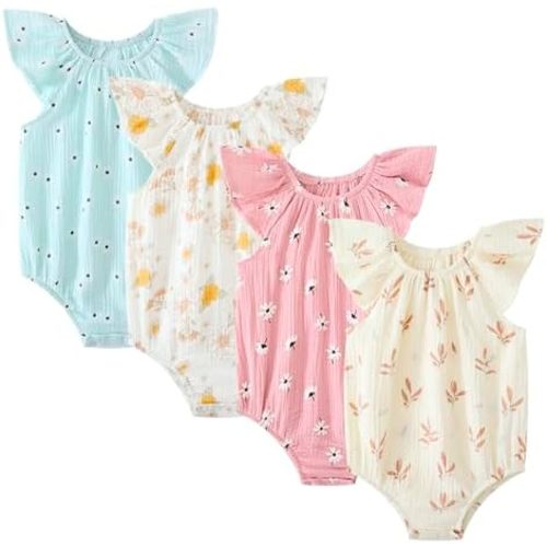 Newborn Baby Girl Sleeveless Rompers Ruffle Bodysuits Infant Outfits 4 Pack