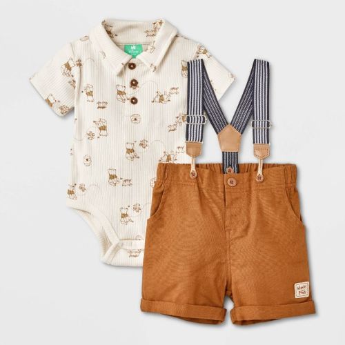Baby Boys' 2pc Disney Winnie the Pooh Short Sleeve Bodysuit & Shorts Suspender Set - Brown