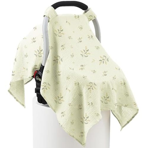 100% Muslin Cotton Car Seat Cover Baby, Carseat Canopy Cover, Universal Fit Stroller Covers for Boys and Girls (Green Beige Leaf)