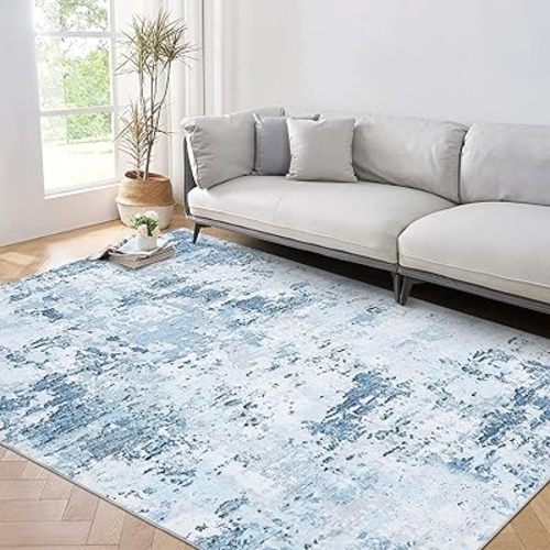 ROYHOME 5x7 Area Rugs Modern Abstract Faux Wool Rug Ultra-Soft Low Pile Accent Rug Stain Resistant Carpet Machine Washable Rugs for Bedroom with Non Slip Backing, Blue