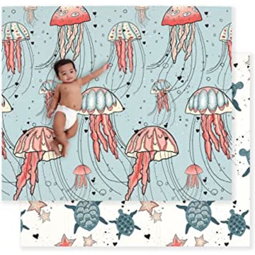 JumpOff Jo - Large Foldable Baby Play Mat, Safe Foam Playmat for Tummy Time, Play Pens & Toddlers, Waterproof, BPA-Free, Double-Sided Design (70" x 59") - Seaside