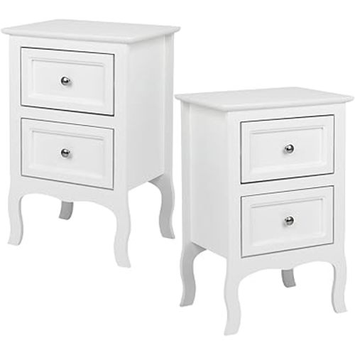 Karl home White Nightstand Set of 2. Farmhouse End Side Table Set of 2 Bedside Nightstands Chest with Drawers Small Night Stand with 2 Drawer and Solid Wood Legs for Bedroom