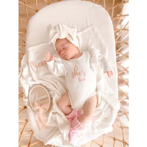 She’s here frill shoulder newborn announcement romper