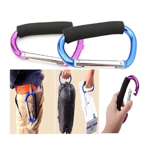 Large Stroller Hooks for Mommy, 2 pcs Carabiner Stroller Hook Organizer for Hanging Purses, Diaper Bag, Shopping Bags. Clip Fits Single/Twin Travel Systems, Car Seats (Blue+Purple)