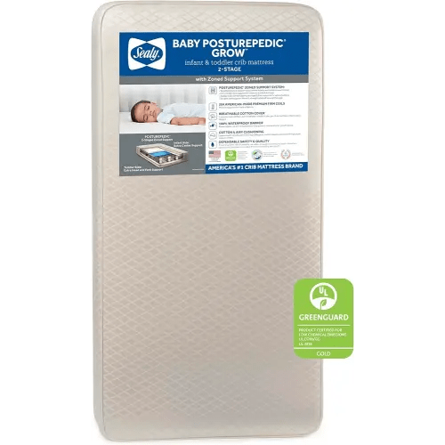 Sealy Baby Posturepedic Grow Breathable 2 Stage Waterproof Crib Mattress plus Toddler Bed Fit, Non Toxic Cotton Cover, GREENGUARD Gold Certified, Safety & Quality Tested, Made in USA, 52"X28"