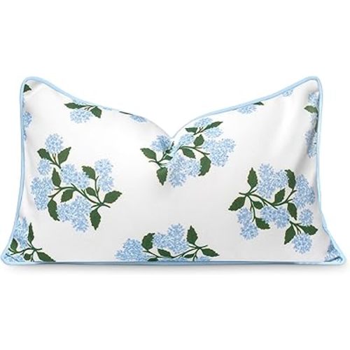 Hofdeco Premium Coastal Patio Indoor Outdoor Lumbar Pillow Cover Only, 12"x20" Water Repellent for Backyard, Couch, Baby Blue Print Hydrangea Flower