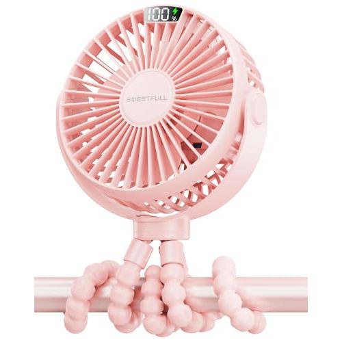 SWEETFULL Portable Stroller Fan, with Display 4000mAh Battery Powered Mini Clip On Fan, 4-Speed Rechargeable Small Personal Fan Handheld Desk Cooling Fan for Baby Car Seat Crib Travel Pink
