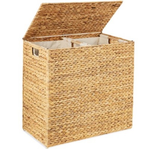 Best Choice Products Large Natural Water Hyacinth Double Laundry Hamper Basket w/ 2 Liner Bags, Handles, Color: Natural