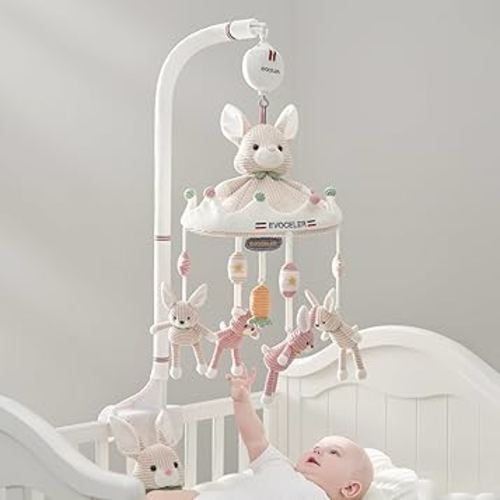Evoceler Baby Crib Mobile, 3 Mode Musical Mobile for Crib - 35 Lullabies, Bluetooth, TF Card, with Detachable Rabbit Teethers, Quiet Rotating Motor with 30 Mins Auto Off, Safe 3-Point Installation