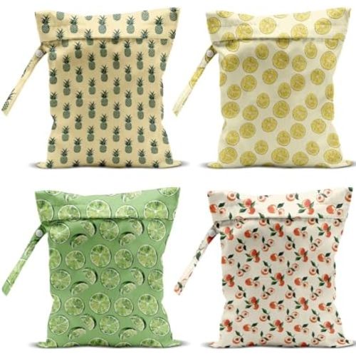 4 Pack Cute Fruit Wet Bag Waterproof Washable Reusable Wet Dry Bag for Swimsuit Dirty Clothes Cloth Diaper Travel Beach Pool Yoga Gym Toiletries Travel Beach Essentials Lemon Pineapple Peach