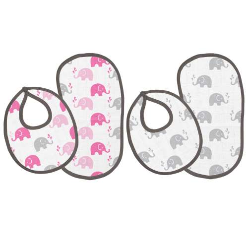 Bacati - Muslin 4 pack Bibs/Burp Cloths Elephants Pink Fuchsia Gray