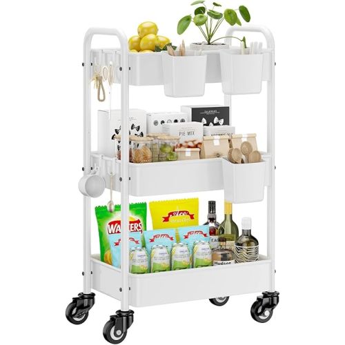 YASONIC Metal 3 Tier Rolling Cart - Heavy Duty Utility Cart with Lockable Wheels, Hanging Cups, Hooks, Mesh Rolling Storage Cart Craft Cart Organizer, Lightweight and Sturdy, White