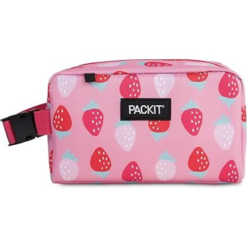 PackIt Freezable Snack Box, Sweet Strawberry, Built with ECOFREEZE Technology, Collapsible, Zip Closure with Buckle Handle, Designed For Work Snacks, Fresh Snacks On the Go, Adults, and All Ages