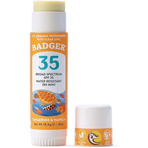 Badger Mineral Kids Sunscreen Face Stick SPF 35, Zinc Oxide Travel Size Sunscreen Stick for Kids, 97% Organic Ingredients, Reef Safe, Water Resistant, .65 oz