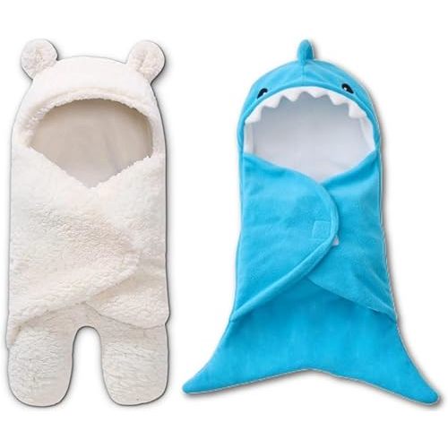 BlueMello Bear Swaddle Blanket & Shark Swaddle Blanket Bundle | Ultra-Soft Plush Essential for Infants 0-6 Months | Ideal Newborn Registry and Toddler Boy Accessories| Perfect Baby Girl Shower Gift