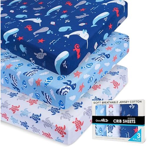 Fitted Nautical Crib Sheets (3 Pack) by GROW WILD - Jersey Knit Cotton Crib Sheets for Boys, Toddler Bed Mattress & Baby Boy Crib Bedding Set, 52” x 28” x 9” Crib Sheets (Blue Ocean)