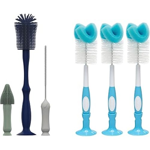 Dr. Brown's Silicone Cleaning Brush Set with Bottle, Spout, and Straw Brush, 3-Pack + Baby Bottle Sponge Brush, Blue, 3-Pack
