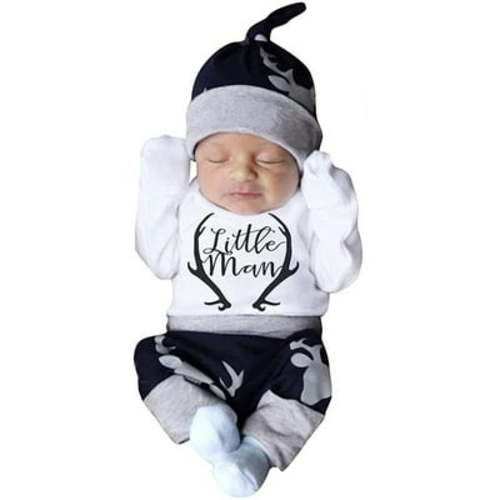 Izhansean 3PCS Newborn Baby Boy Long Sleeve Little Man Romper Deer Pants Warm Clothes Set White 12-18 Months