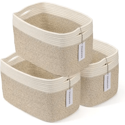 Cotton Rope storage Basket Bins Woven Basket for Organizing Shelves Rectangle Decorative Baskets For storage Clothes Toys Books Towels Square Wicker Nursery basket organizer 3 pack white and brown
