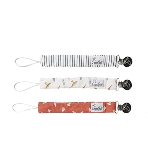 Copper Pearl Pacifier Clip 3-Pack: Premium Knit Binky Clips for Baby Girls and Boys - Stylish Stainless Steel Pacifier Holder Clip - Baby Pacifier Clips for No More Floor Drops - Ace