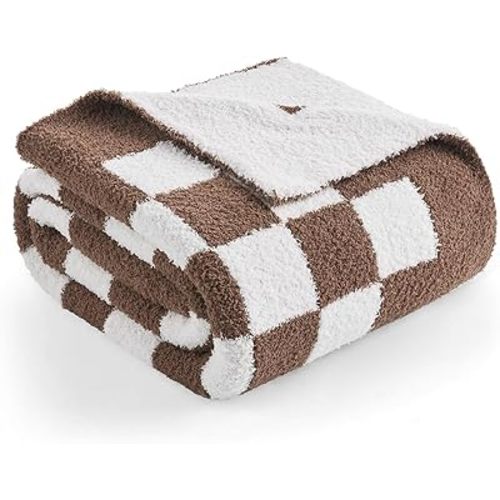 Snuggle Sac Checkered Bedding Blanket Twin Size 60x80, Super Soft Cozy Warm Knit Blankets, Reversible Breathable Lightweight Fluffy Throws for Sofa Bed, Checkered Brown, 60x80 Inches