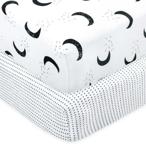 Little Star Organic 100% Pure Organic Cotton Fitted Jersey Crib Sheets, 2 Pk, White-To the Moon and Back