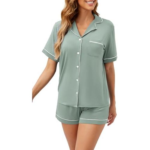 LUBOT Womens Bamboo Viscose Pajamas Set 2 Piece PJ Set Buttery Soft Button-Down Long Short Sleeve Sleepwear Set S-XXL