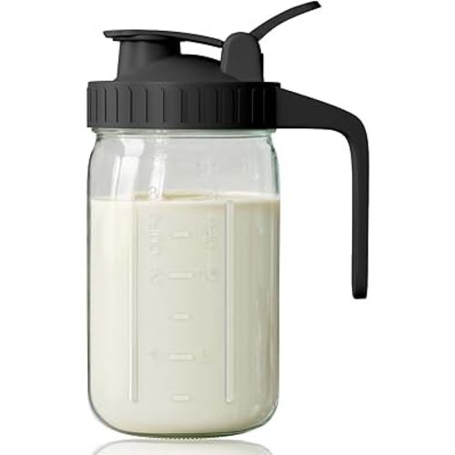 Breast Milk Pitcher, Mason Jar 32 oz, Wide Mouth Jar with Green Flip Cap Lid and Pour Spout, Heavy Duty Airtight Seal for Freshness and Convenience, Great for Cold Beverages and Home Entertaining