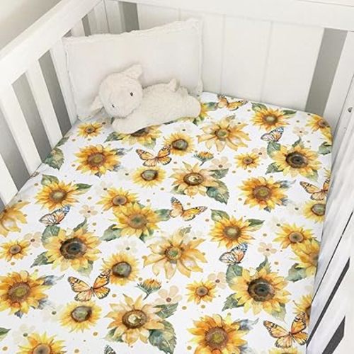 Watercolor Sunflowers Butterflies Baby Crib Sheet 52''x28'' Yellow Sunflower Stretchy Fitted Crib Mattress Covers for Boy Girl Boho Floral Soft Baby Bed Sheets for Standard Crib and Toddler Mattress