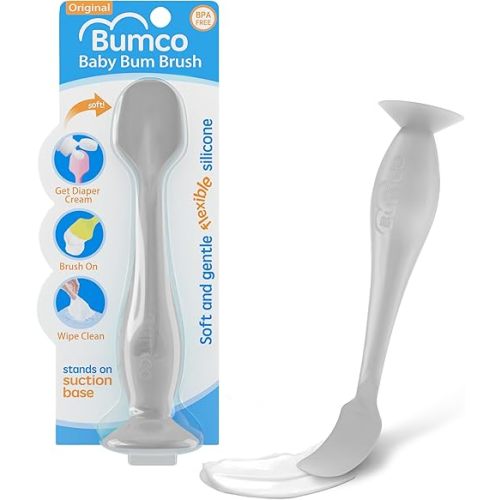 Bumco Baby Bum Brush - BPA-Free Diaper Cream Spatula with Suction Cup Base, Soft & Flexible Silicone, Wipe-Clean, Mom-Invented Diaper Bag Essentials (Gray)