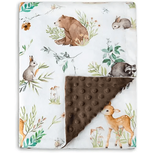 HOMRITAR Baby Blanket for Boys Girls Soft Plush Minky Blanket with Double Layer Dotted Backing for Toddler Nursery with Woodland Animals Printed 30 x 40 Inch (75 x 100 cm)