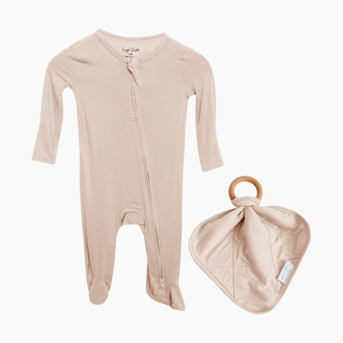 Snuggle Shield LUXE Bamboo Footed Sleeper and Lovey Teether Set - Tan Sand, 0-3 M