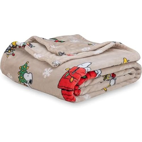 Berkshire Blanket Peanuts® VelvetLoft® Cute Character Snoopy Plush Blanket, Snoopy Best Christmas Icons Opened Up Large Neutral(60in x 70in)