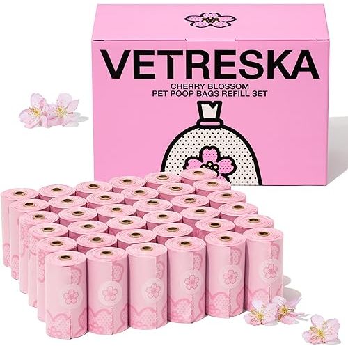 VETRESKA Cherry Blossom Scented Dog Poop Bags, Leak Proof, Extra Thick and Large Dog Waste Bags, Poop Bags for Dogs Walking and Cat Litter, 36 Refill Rolls, 540 Bags, Pink
