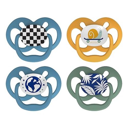 Dr. Brown's Advantage Glow-in-the-Dark Baby Pacifier, Fully Symmetrical Soother with Soft Silicone Bulb, Skateboard Snail-Blue Nature, 6-18m, BPA Free, 4 Pack