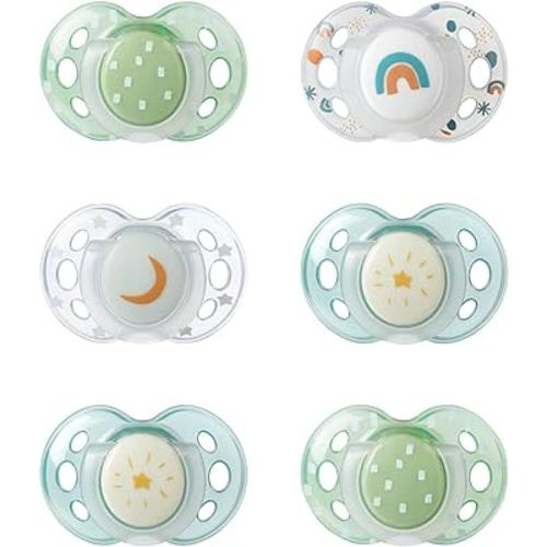 Tommee Tippee Nighttime pacifiers, 18-36 months, 6 pack of glow in the dark pacifiers with symmetrical silicone baglet