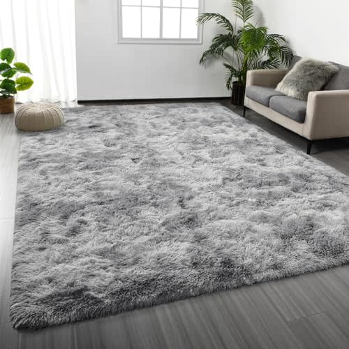 Deerhoo Large Shag Area Rugs 6 x 9, Tie-Dyed Plush Fuzzy Rug for Living Room, Ultra Soft Fluffy Furry Rugs for Bedroom, Indoor Carpet Nursery Rugs for Kids Room Home Decor, Light Grey
