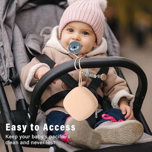 Silicone Pacifier Holder Case, Baby Binky Silicone Cover Pouch, Silicone Pacifier Storage Case for Diaper Bag, 2 Pack (Clay, Dark Grey)