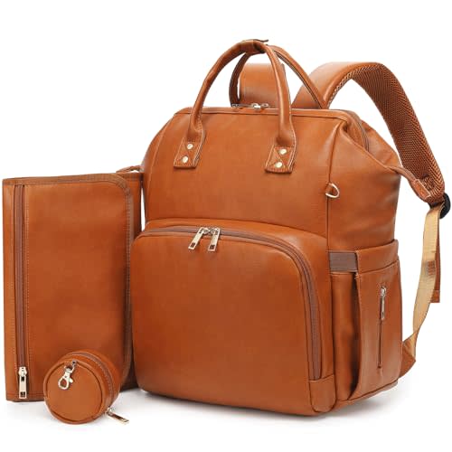 ROSEGIN Premium Vegan Leather Diaper Bag Backpack with Waterproof Changing Pad – Reinforced Stitching & Zippers, Baby Bag for Boy Girl, Stroller Straps, Ergonomic Design for Traveling Moms, Brown