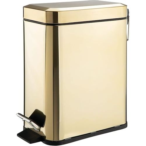 mDesign Small Modern 1.3 Gallon Rectangle Metal Lidded Step Trash Can, Compact Garbage Bin with Removable Liner Bucket and Handle for Bathroom, Kitchen, Craft Room, Office, Garage - Soft Brass