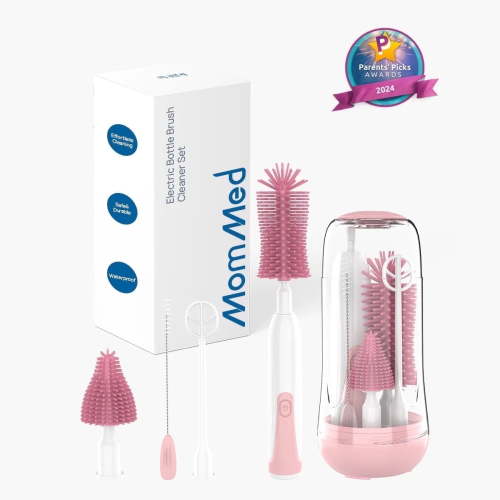 MomMed Electric Bottle Brush – Baby Bottle Cleaner with 3 Heads, BPA-Free, Rechargeable, Pink