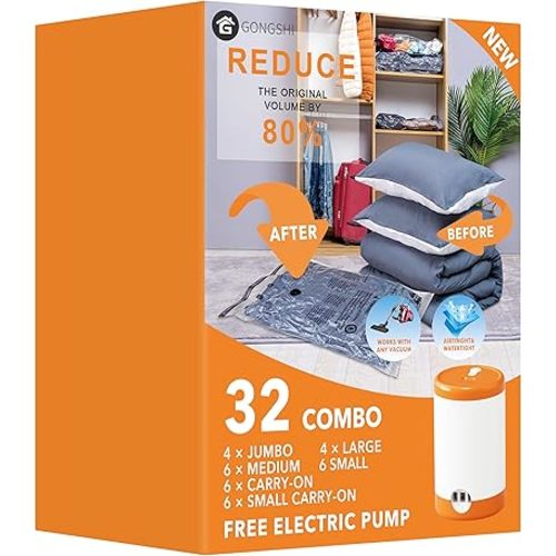 GONGSHI 32 Pack Vacuum Storage Bags with Electric Pump Space Saver Bag for Clothes, Mattress, Blanket, Duvets, Pillows, Comforters,Travel
