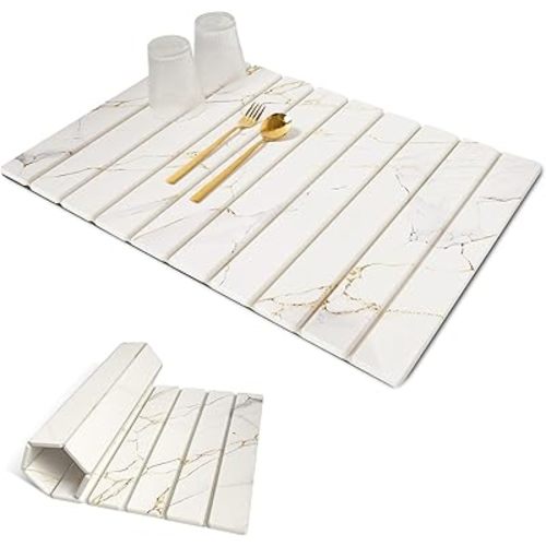 Stone Drying Mat for Kitchen Counter, Super Absorbent Foldable Dish Drying Mat, Gold White Marble Quick Drying Diatomaceous Earth Mats for Dishes, Pots, Utensils Large 24"×16"