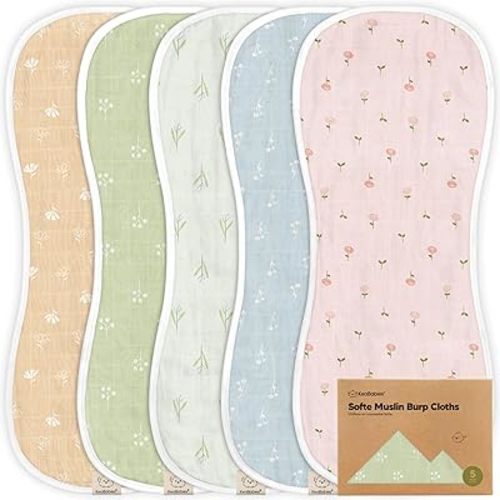 5-Pack Muslin Burp Cloths for Baby Boys and Girls - Super Absorbent Baby Burp Cloth, Viscose Derived from Bamboo Cotton Baby Washcloths, Burp Rags, Large Neutral Burp Clothes for Newborn (Wild Bloom)