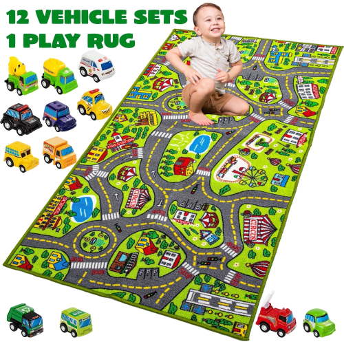 Joyfy Kids Rug for Playroom, Durable City Car Track Playmat Rug with 12 Mini Vehicle Set,58.5" x 31.5"