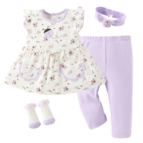Minicoco Baby Girl Purple Clothes Set - 4-Piece Ruffle Skirt, Pants, Headband & Socks,100% Cotton Outfit for Infant & Toddler